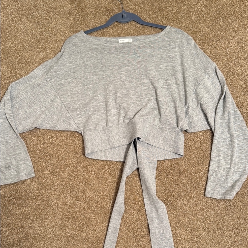Gray Crew Neck Sweater with Tie Detail